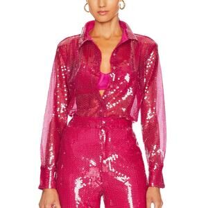 Revolve Barbie Pink Sequin Button Down Top XS More to Come Wyatt Shirt $88 NEW